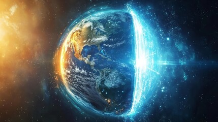 Fototapeta premium Earth protected by a shield of light. The Earth encased in a glowing and protective shield made of light, with harmful elements being repelled away from the planet