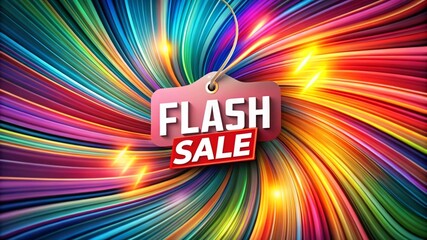 Flash sale tag with swirling rainbow background, vibrant and dynamic, retail promotion concept