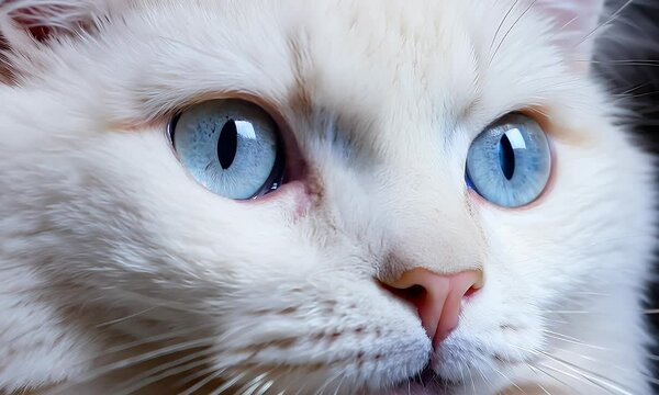 Wei&szlig;e Katze mit blauen Augen vor schwarzem Hintergrund