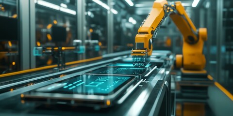 Industrial robot arm assembling digital tablets.