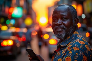 portrait of an African man holding a smartphone with a blurred background.