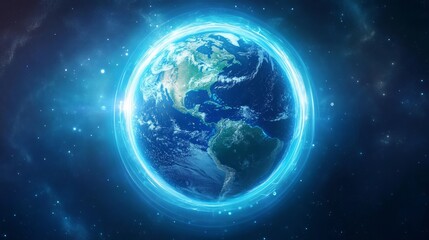Earth protected by a shield of light. The Earth encased in a glowing and protective shield made of light, with harmful elements being repelled away from the planet