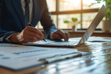 Close-up of businessman's hand digitally filling out an online survey form on a laptop in his office.