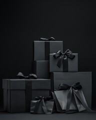 Stacked black gift boxes with ribbons and bows, shadows.