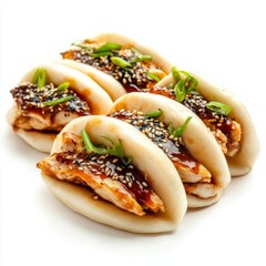 sticky crispy chicken bao buns isolated on white background.