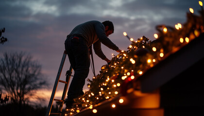 A father setting up Christmas lights on the roof, with a ladder and lights strewn about