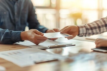 close-up shot of a businessperson's hands giving a cheque to another person at a desk.