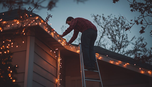 A father setting up Christmas lights on the roof, with a ladder and lights strewn about