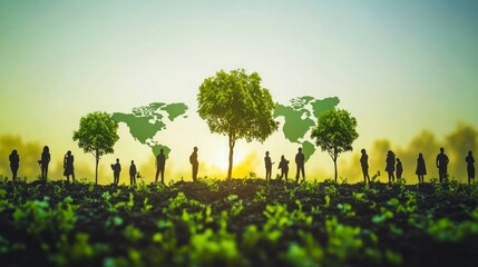 Global reforestation movement. Forests regrowing across the globe, with people planting trees highlighting a worldwide reforestation effort.