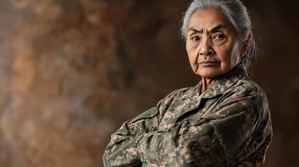 Obraz premium Elderly Female Pacific Islander in Military Uniform with Determined Expression, Medium CloseUp on Brown Background