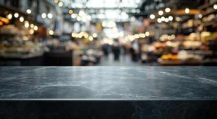 Fototapeta premium A blurred market scene with a dark marble countertop in focus.