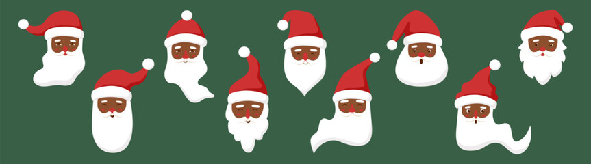 Set of Santa Claus faces with different emotions. Black skin Santa Claus. Christmas concept.