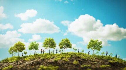 Naklejka premium Global reforestation movement. Forests regrowing across the globe, with people planting trees highlighting a worldwide reforestation effort.