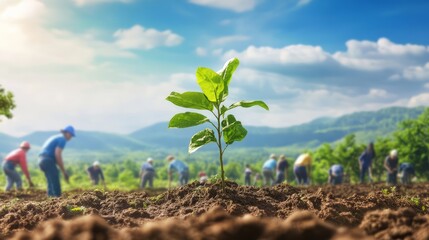 Global reforestation movement. Forests regrowing across the globe, with people planting trees highlighting a worldwide reforestation effort.