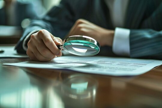 close up of a business auditor using a magnifying glass to investigate paperwork for fraud during a corporate tax audit.