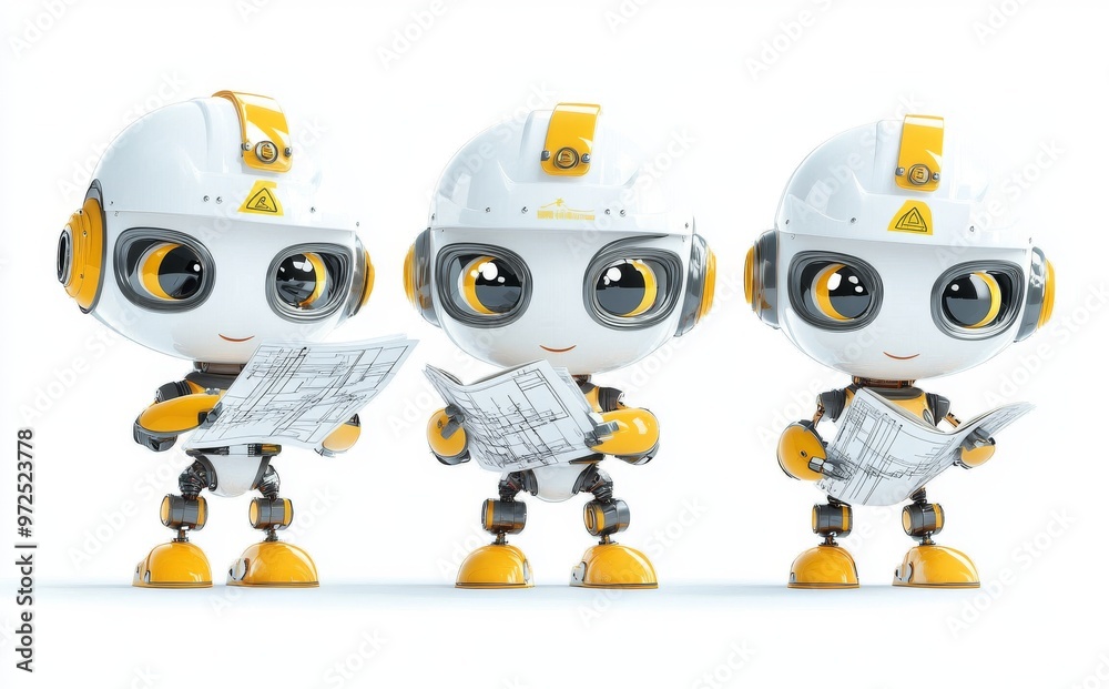 Poster set design for robot ai characters with hard hats and blueprint elements for robotic engineers. illu