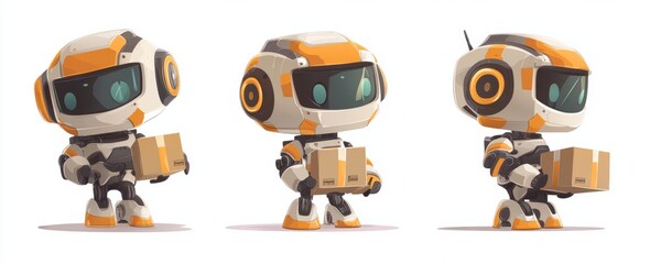 Illustration of robot characters in standing and holding gestures for AI delivery robots collection.