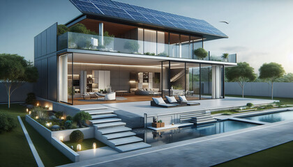 Fototapeta premium A sleek futuristic smart home with clean lines, solar panels on the roof, and large glass windows overlooking a minimalist garden.