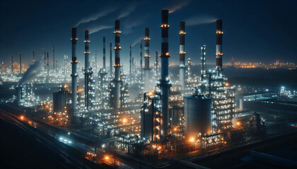 Fototapeta premium A large industrial factory with tall chimneys, lit up at night with lights glowing against the dark sky and smoke rising from the stacks.