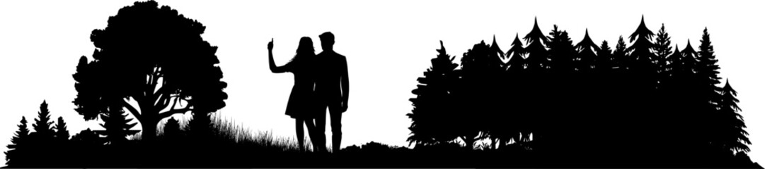 Vektor Silhouette Mann und Frau als Paar im Wald und machen Selfies - Glücklich in der Natur
