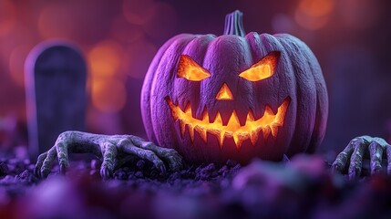 3d render burning pumpkin with angry face jack lantern and scary green zombie arms show out of the ground in front of the gravestone halloween illustration isolate3d on purple background
