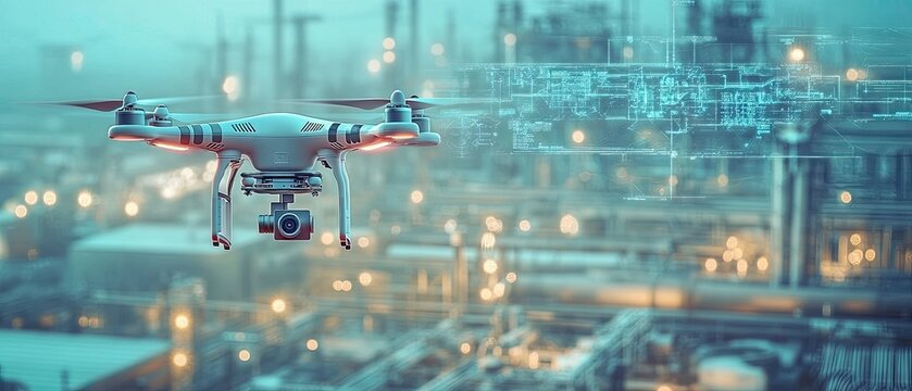 Industrial drones mapping and inspecting manufacturing plants, seamless data integration, futuristic technology, high-tech industrial facility