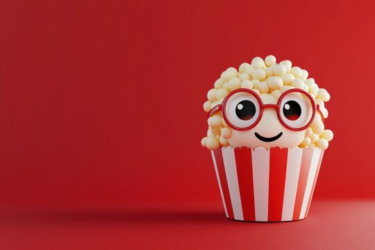 A cute 3D cartoon character with popcorn on a red background is available as a stock image