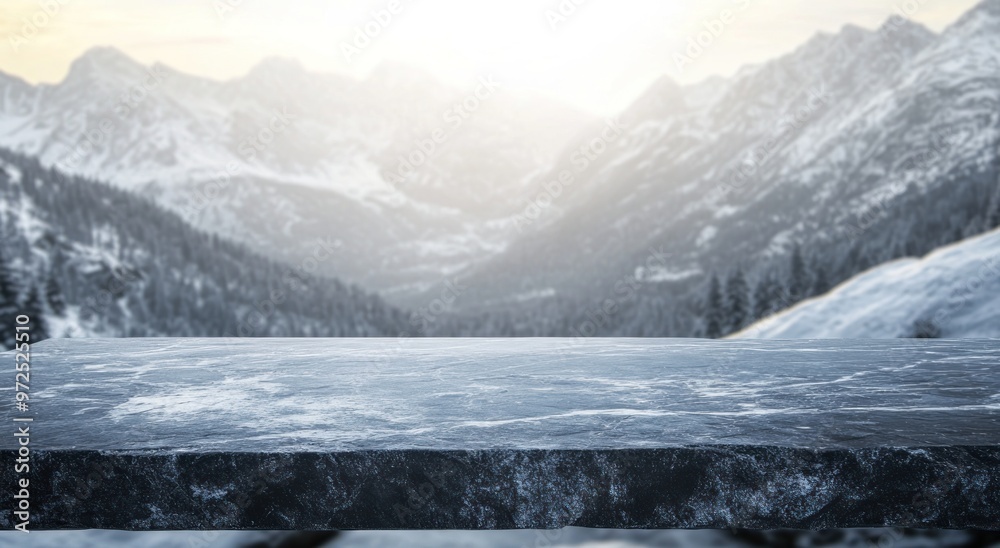 Canvas Prints A serene winter landscape with a frozen surface and mountains in the background.