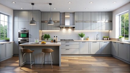 Sleek modern grey kitchen cabinets boast clean lines and a touch of sophistication thanks to stainless steel hardware