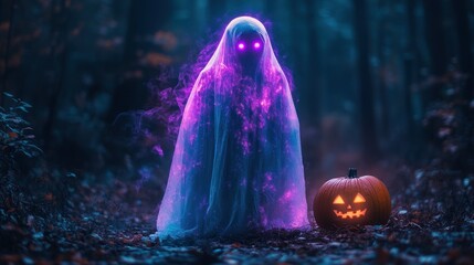 Spectral ghost with glowing eyes and pumpkin in forest