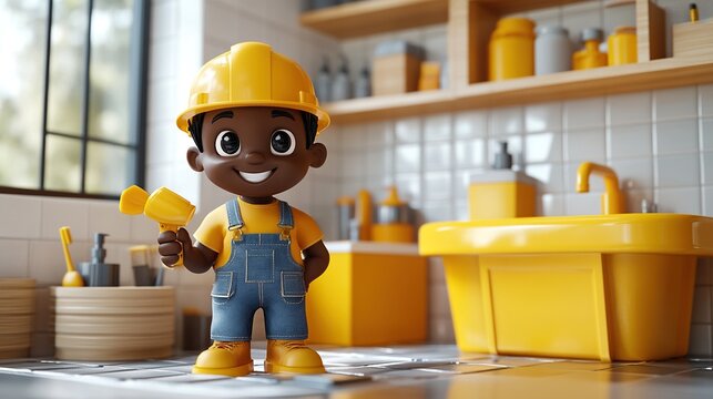 3d render cartoon african human hand with dark skin holds plunger professional plumber construction worker toilet cleaning service icon clip art isolate3d on white background