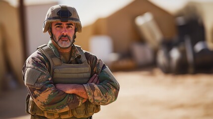 Fototapeta premium Proud MiddleAged Arab Male Soldier in Desert Military Camp Ideal for Editorial Use, Defense Themes