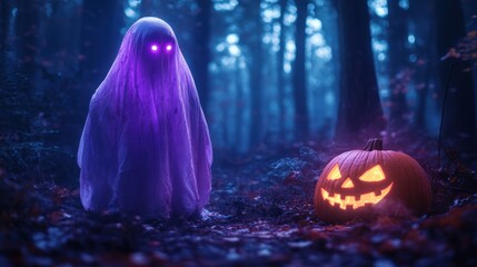 Mysterious ghost with glowing eyes in eerie forest