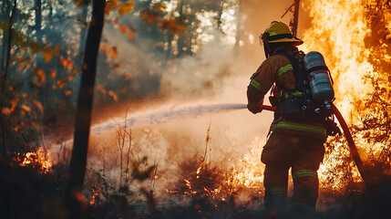 Naklejka premium firefighters put out the fire in the forest 