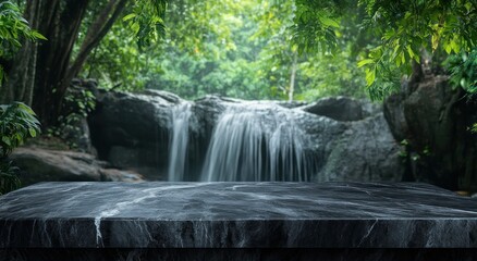 A serene waterfall surrounded by lush greenery with a stone surface in the foreground.
