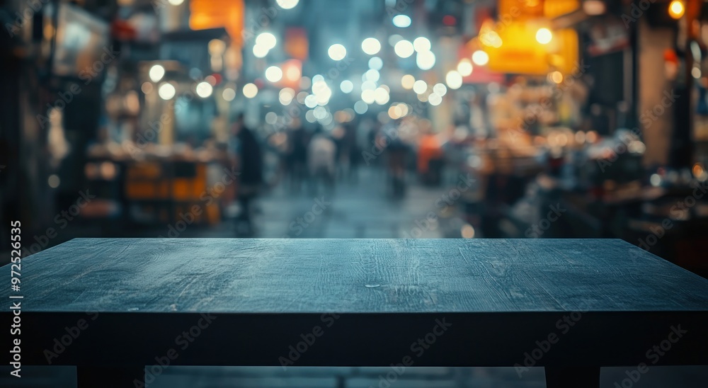 Sticker A blurred street market scene with an empty table in the foreground.