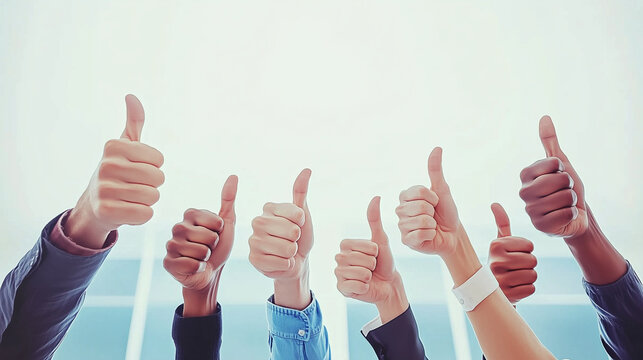 Diverse Thumbs Up Hand Symbolizing Business Diversity Against White Sky and Blue Office Walls