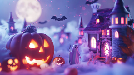 Aesthetic Halloween greeting card with 3D figures of cute pumpkins, ghosts, skeletons, castle, smoke. Generative AI
