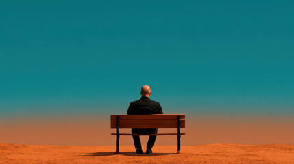 Obraz premium A figure sitting on a bench looking at a desolate landscape