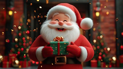 3d render cartoon character santa claus hand appears from the mobile phone screen and holds green gift box festive ornaments levitate christmas animation with re3d background and golden confetti