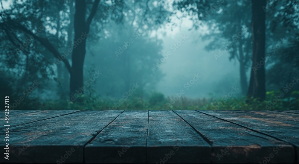 Poster A misty forest scene with a wooden platform in the foreground, evoking tranquility and nature.