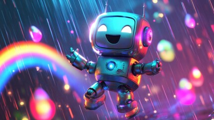 Fototapeta premium A cute robot dancing under a rainbow, surrounded by glowing raindrops and happy expressions