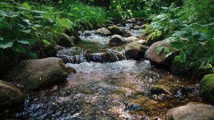 Obraz premium A serene stream flows through lush greenery, reflecting sunlight and surrounded by stones.