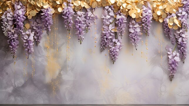 An enchanting marble background in shades of lavender and gold, adorned with cascading wisteria blooms and delicate golden accents. 