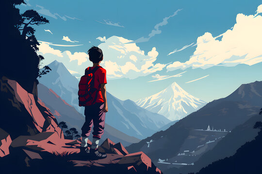 pop art style illustrated himalayan boy standing on top of a sumit