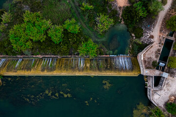 Aerial view of the J&uacute;car river as it passes through Sumac&agrave;rcer, Valencia, Spain