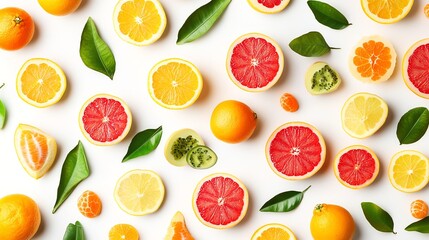 A flat lay of sliced citrus fruit and kiwi with green leaves on a white background.
