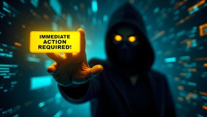 A hooded figure holds a glowing yellow button that reads "Immediate Action Required," symbolizing cybersecurity risks and urgent threats