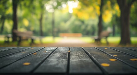 Fototapeta premium A serene park scene with a wooden table and blurred greenery in the background.