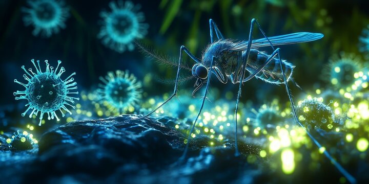 A mosquito surrounded by virus particles.